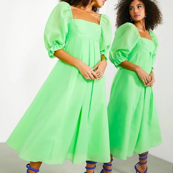 asos edition embroidered organza midi dress with puff sleeves ASOS EDITION puff sleeve midi dress with cut out back in pink floral print